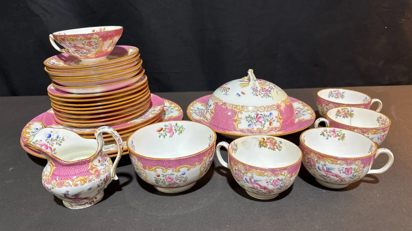 Minton Pink and Gold Floral Bird Porcelain Tea Set, 27 Pieces