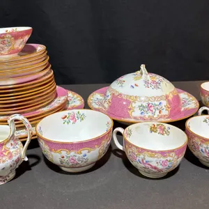 Minton Pink and Gold Floral Bird Porcelain Tea Set, 27 Pieces, England