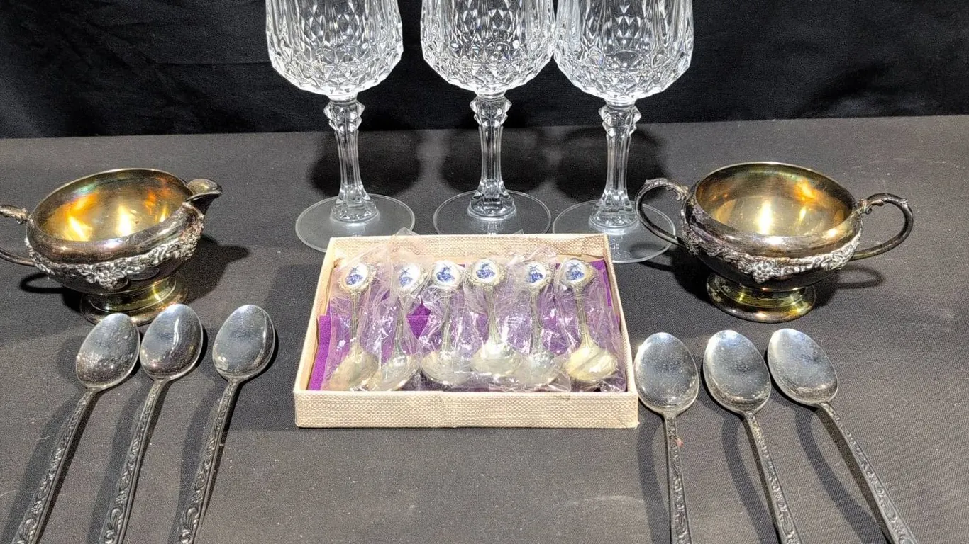 Silverplate Spoons, and F.B. Rogers EPNS Silverplate Creamers and Crystal Glasses,
