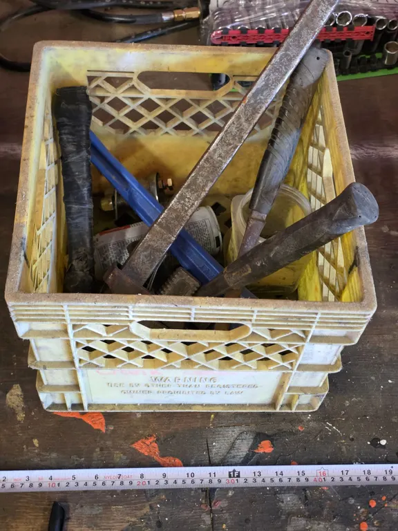 *OFFSITE* Assorted Tools in Milk Crate – Hammer, Wrenches etc.