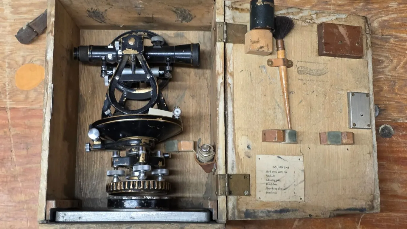 Vintage surveyors theodolite with wooden case and leather handle and tripod