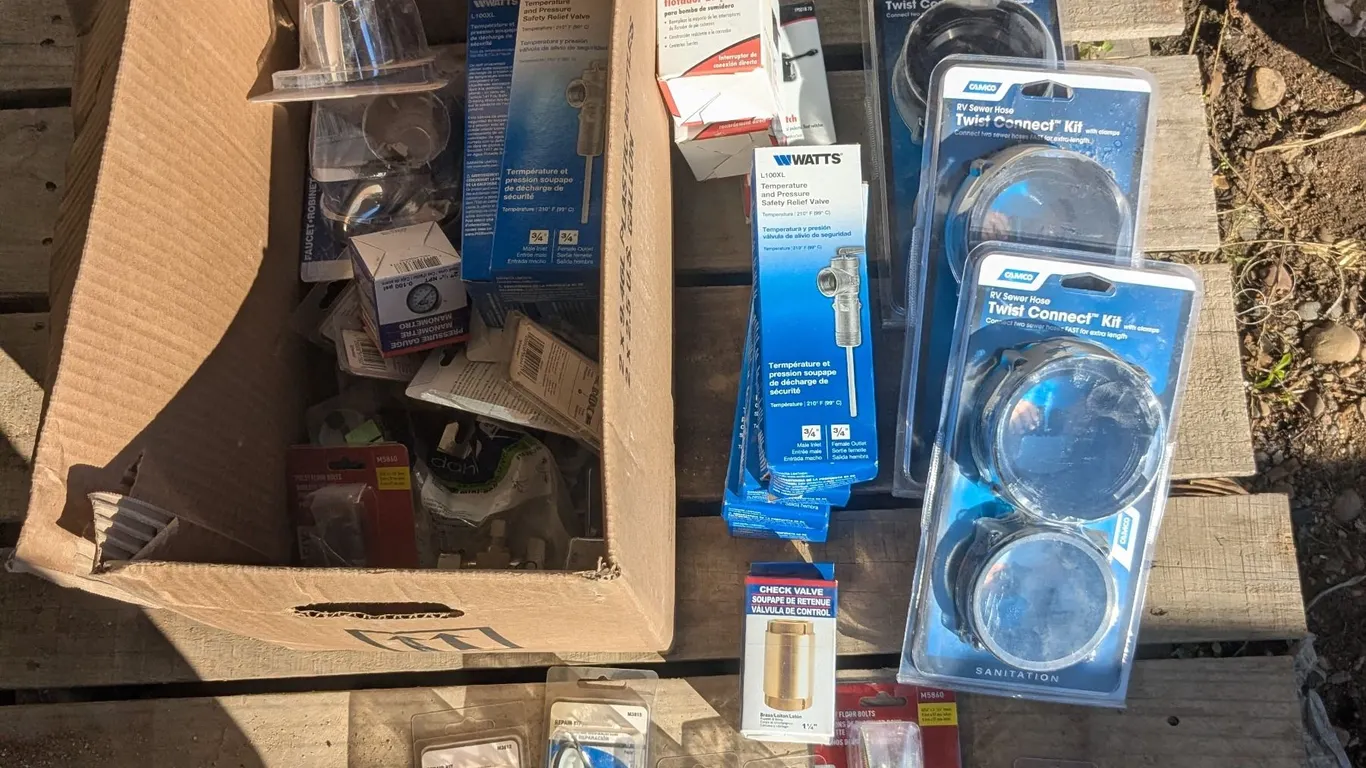 Box of NOS Plumbing Supplies – Pressure Reliefs, Connectors, Valves, etc.