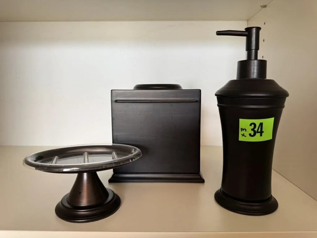 Vanity set, soap dish, dispenser, tissue box
