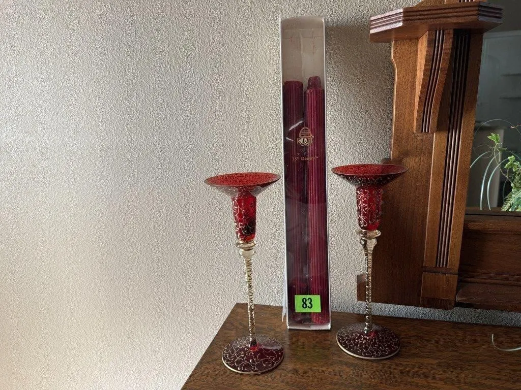 Ruby red taper candlesticks (2), candles