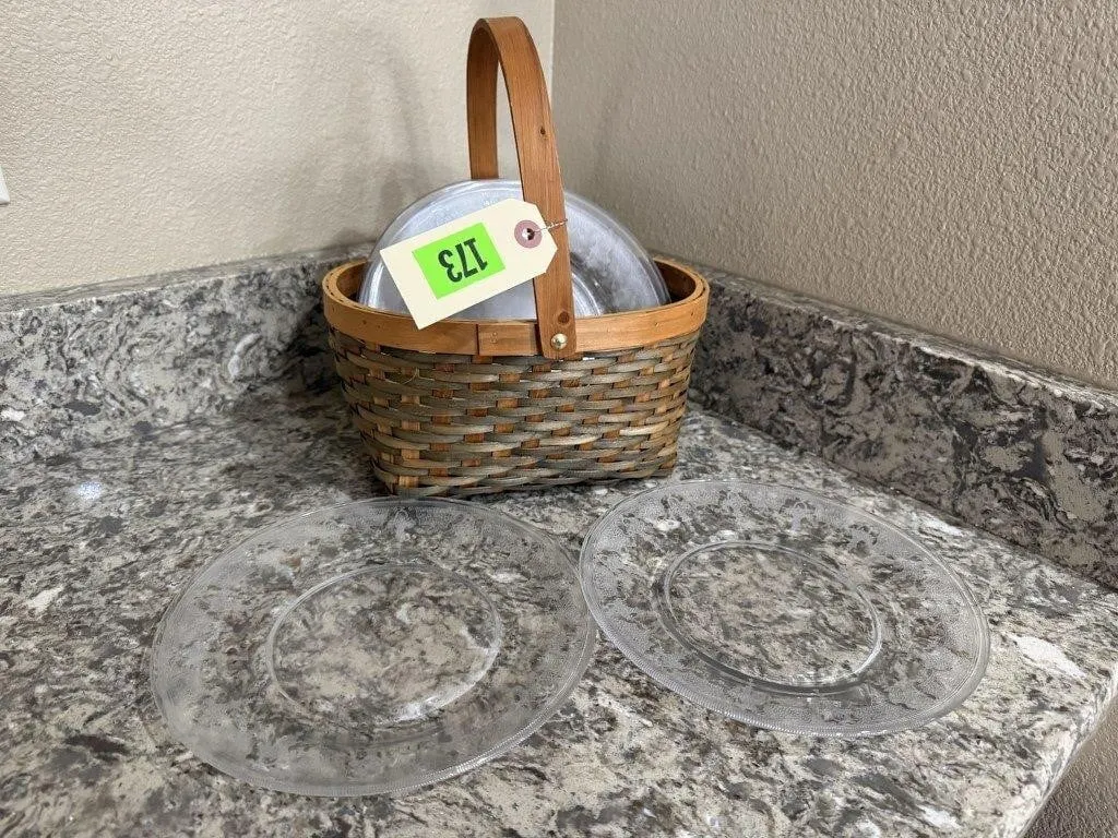 Basket, depression glass plates (8)
