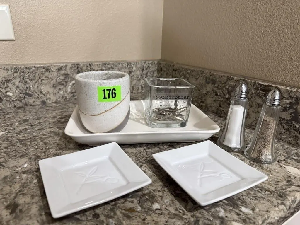 Olive plates, forks, salt & pepper shaker,