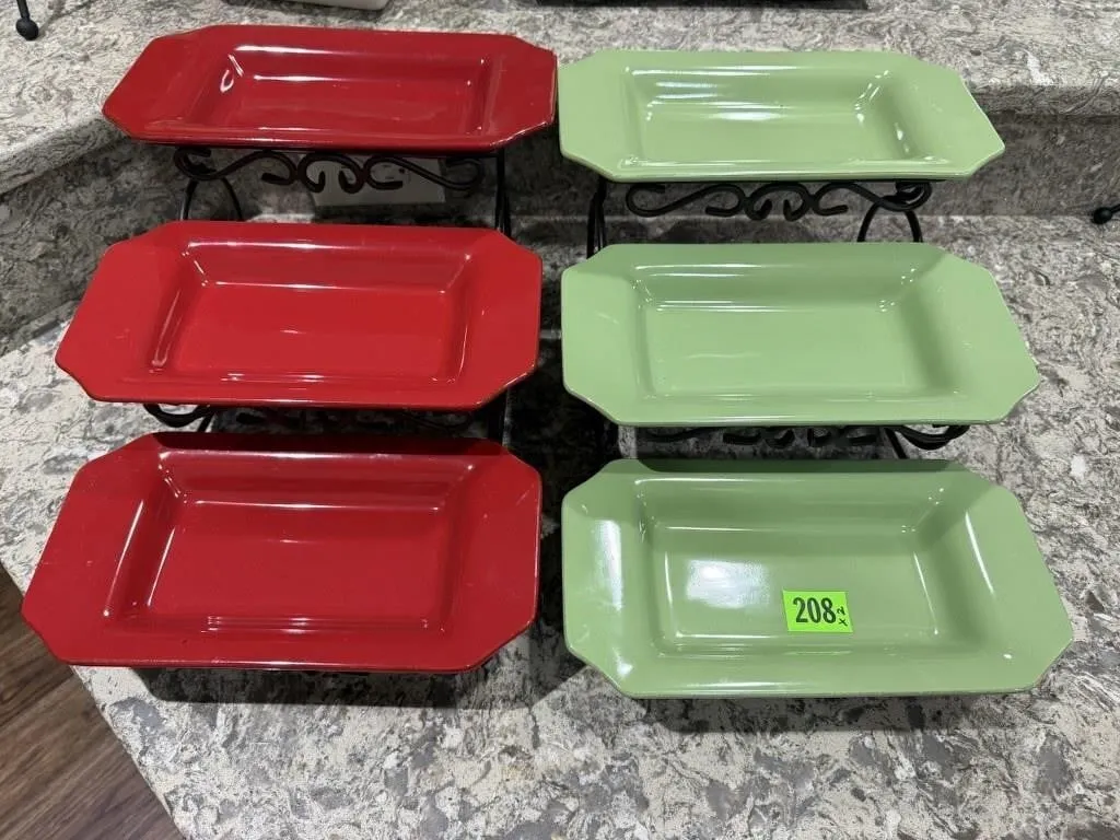 Appetizer serving sets (2), wrought iron stands,