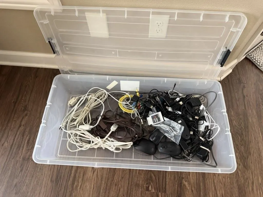 Storage tote, extension cords, electronics cords,