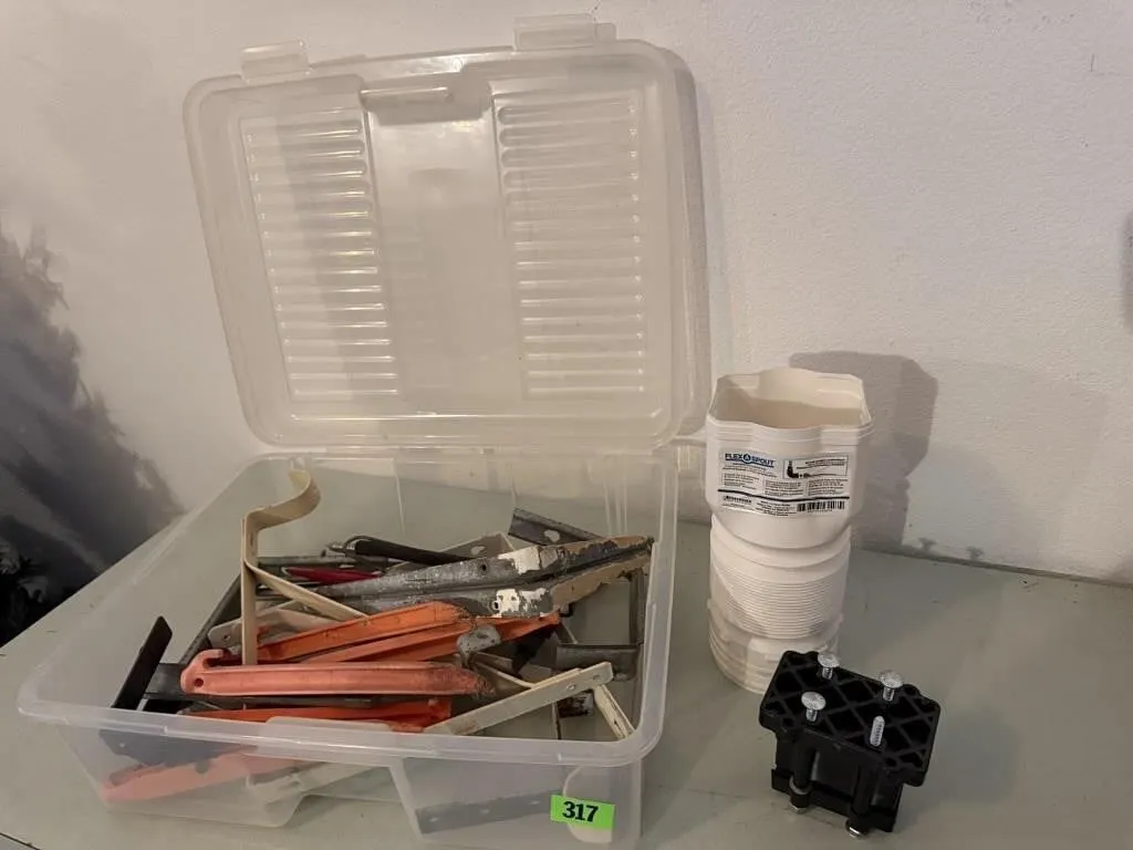 Storage tote, stakes, brackets
