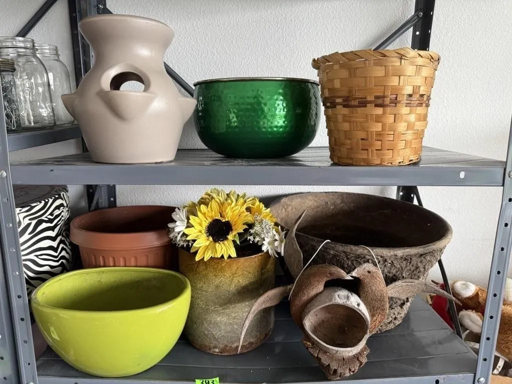 Shelf of flower pots, hand painted trowel,