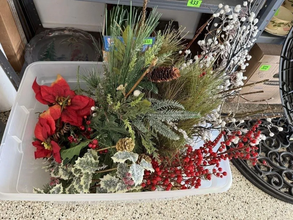 Storage tote, holiday florals, greenery