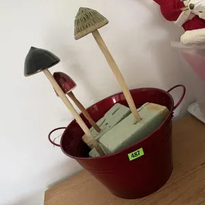 Garden mushrooms, pail, floral foam