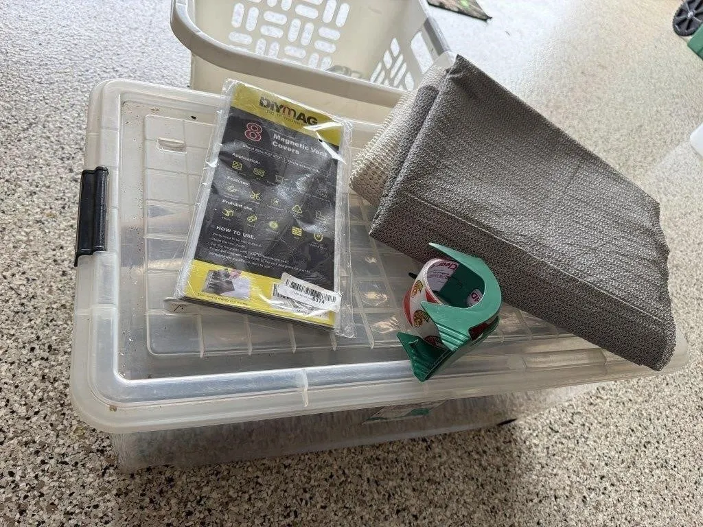 Storage tote, paint supplies, shelf liner,
