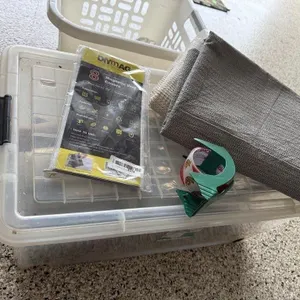 Storage tote, paint supplies, shelf liner,