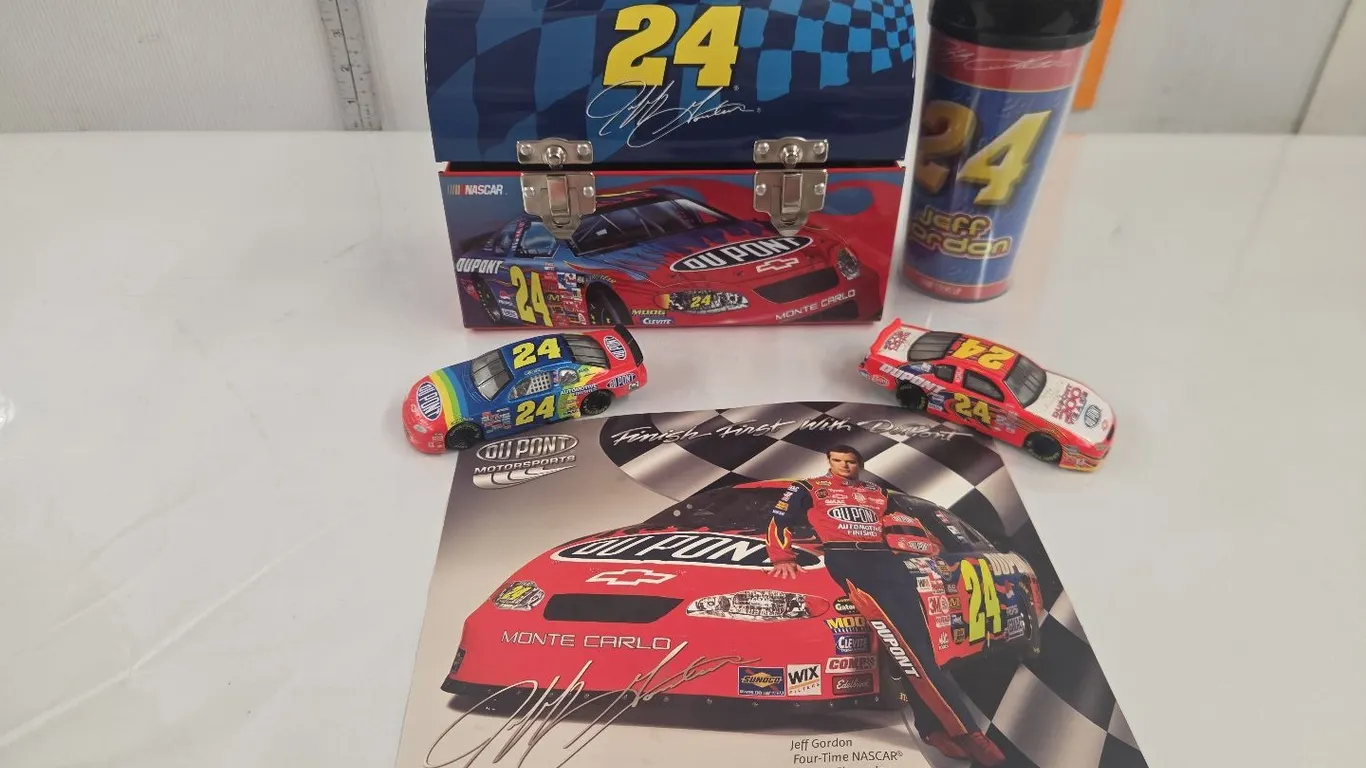 Jeff Gordon Items - Lunch Box, Thermos, Picture & 2 Cars