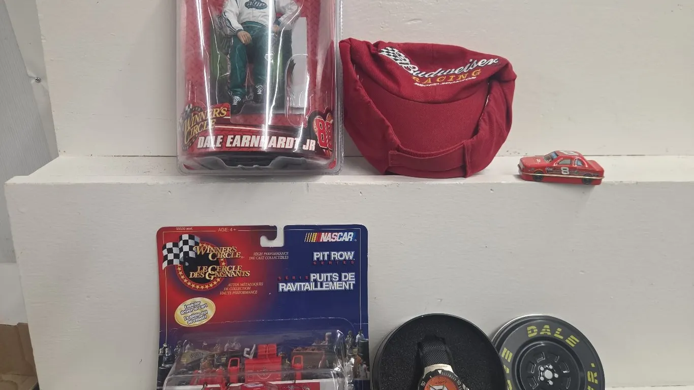 Dale Earnhardt Jr. Items - Action Figure, Pit Row Toy, Peppermints tin & watch w/ tin