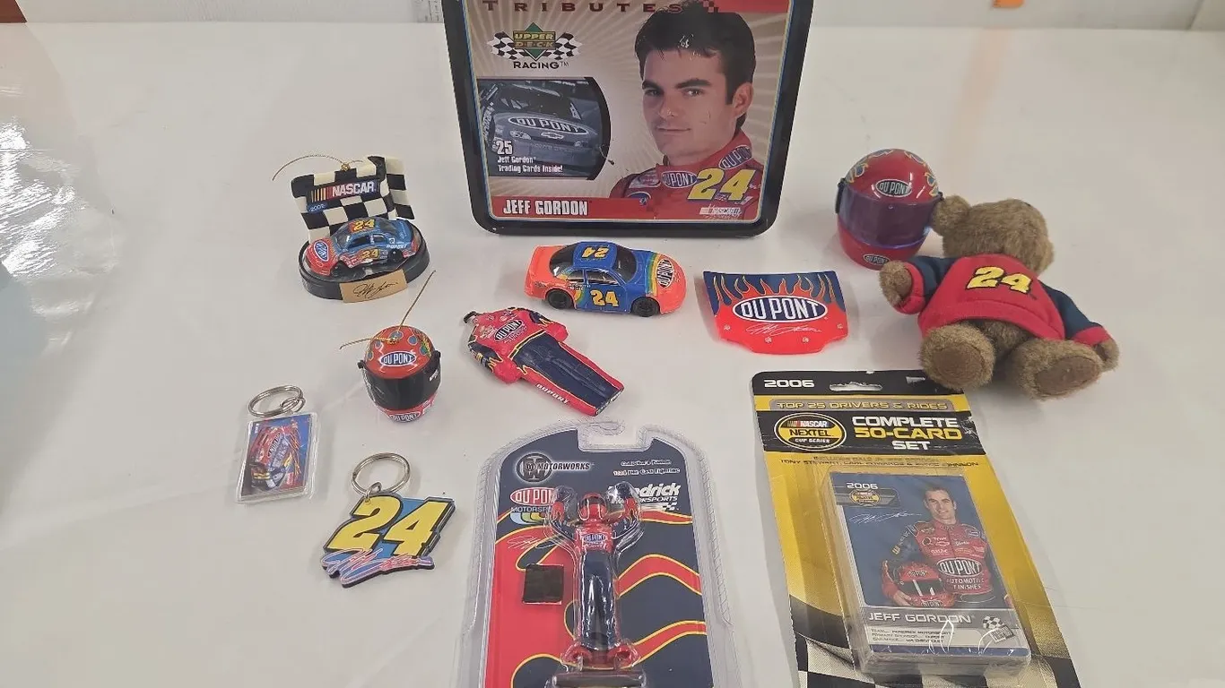 Jeff Gordon Items - Lunch box, pencil sharpener, xmas ornaments, magnets, collector cards, etc.