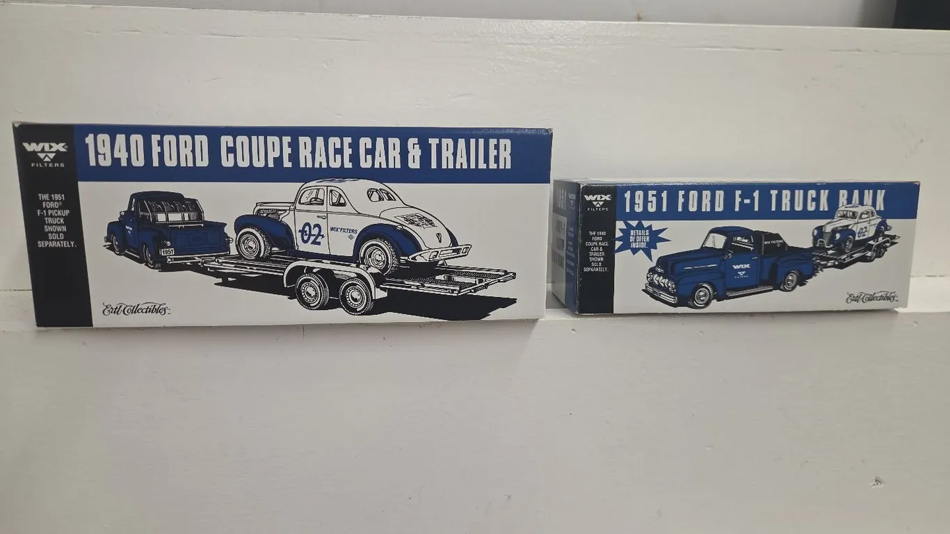 1951 Ford F-1 Truck Bank w/ 1940 Ford Coupe Race Car & Trailer set - Wix, NIB
