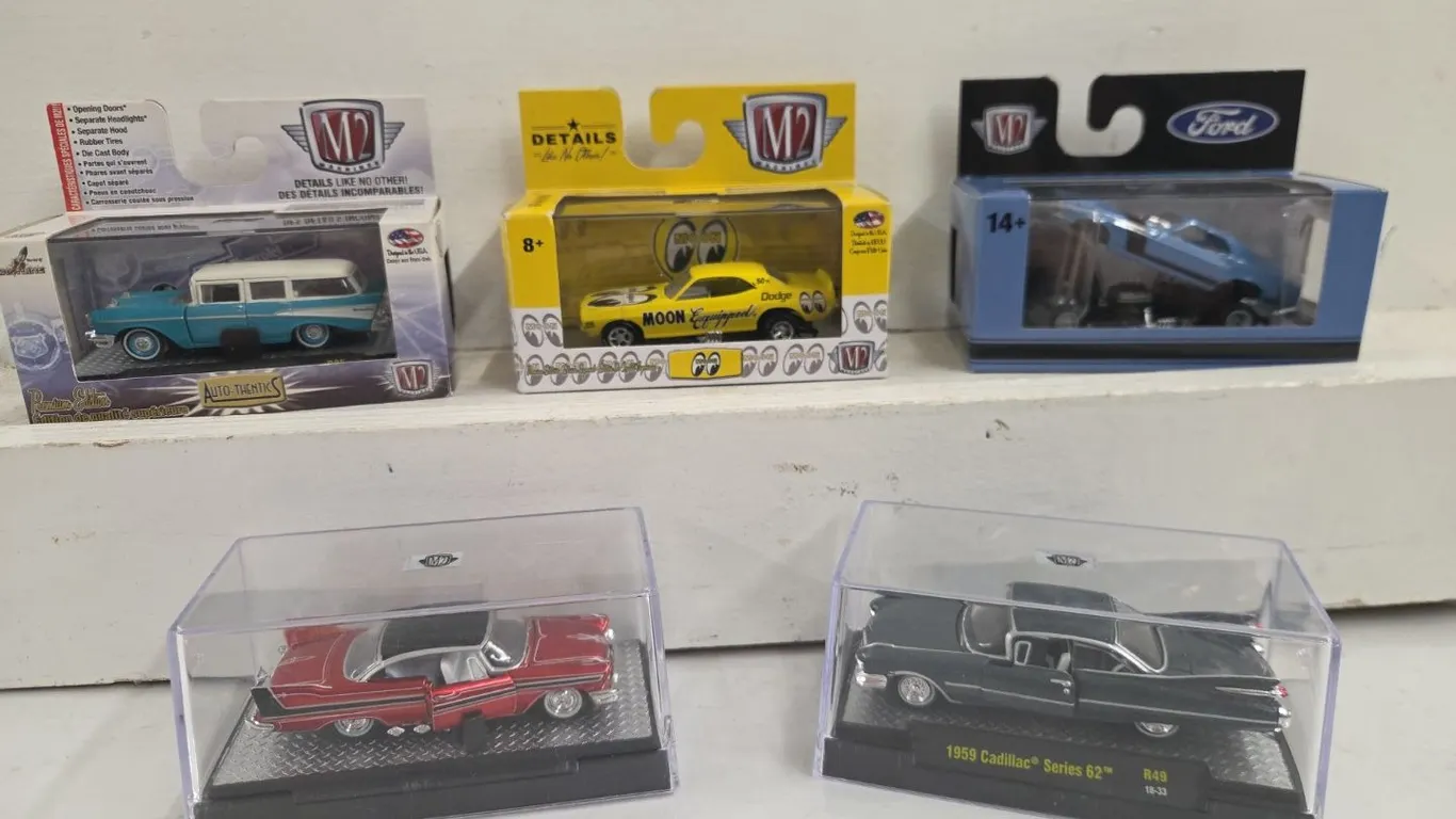 5 - 1/64 M2 Cars - 1971 Dodge Challenger R/T, 1969 Ford Mustang, 1958 Plymouth Belvedere, 1957 Chevrolet 210 Beauville & 1959 Cadillac Series 62