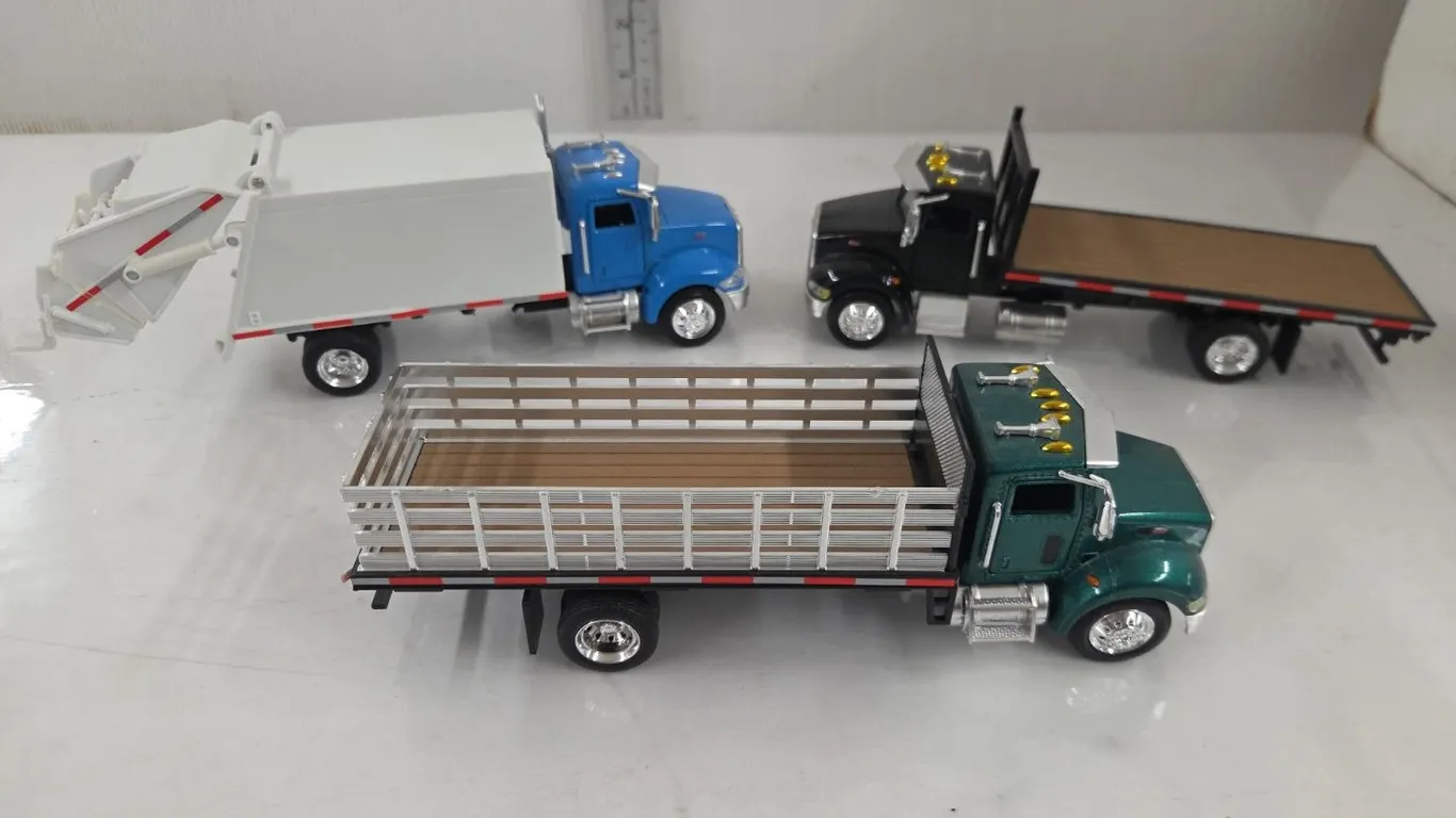 3 - 1/43 Trucks, Peterbilt 335 Flat deck, garbage truck & stake truck