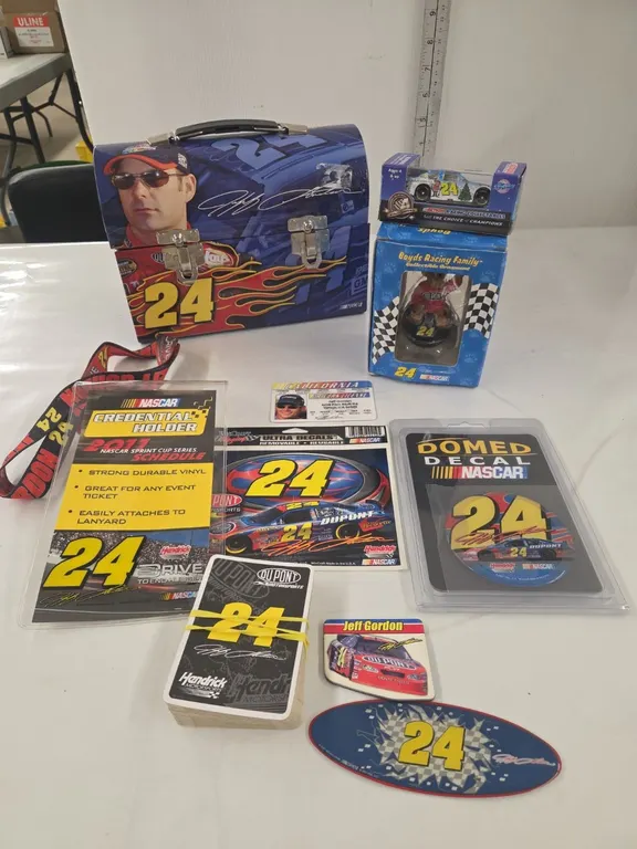 Jeff Gordon Items - lunch kit, lanyard, boyds bear, license, Hot Wheels car, decal, etc.