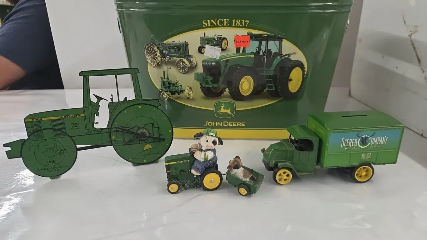 JD Bucket, Mack Truck Bank (decal faded), Ornament, & JD 6400 Tractor Clock