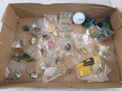 JD Memorabilia - Glasses, Ornaments, Balloons (dried), variety of lapel pins, & Golf Ball