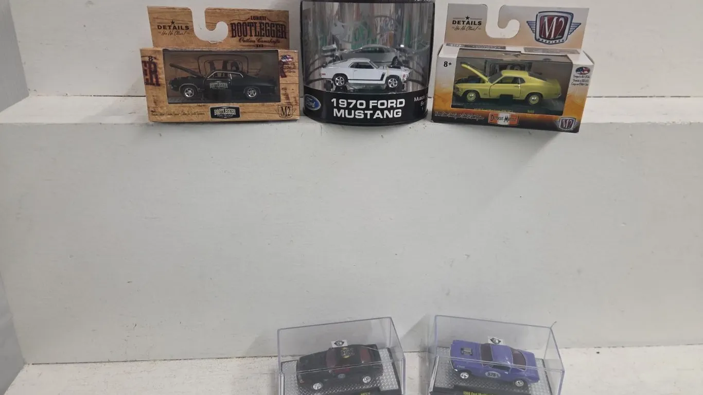 4 - 1/64 M2 Cars - 1970 Ford Torino Cobra, 1966 Ford Mustang Gasser, 1970 Ford Mustang 428 SCJ & 1987 Ford Mustang GT - NIB