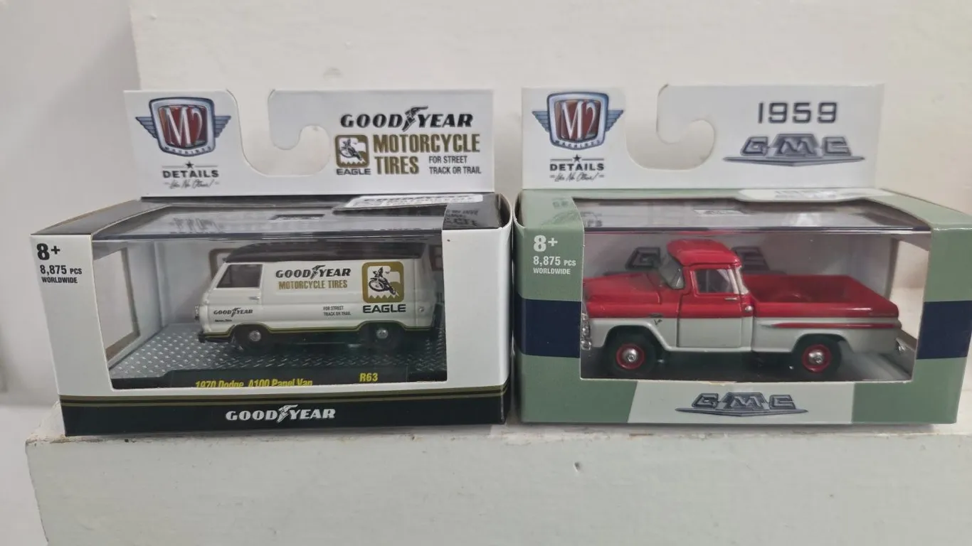 4 - 1/64 M2 Vehicles; 1959 GMC Fleetside Truck 4x4, 1970 Dodge A100 Panel Van, 1978 Dodge Adventurer 150 & 1975 Chevy g10 Van - NIB