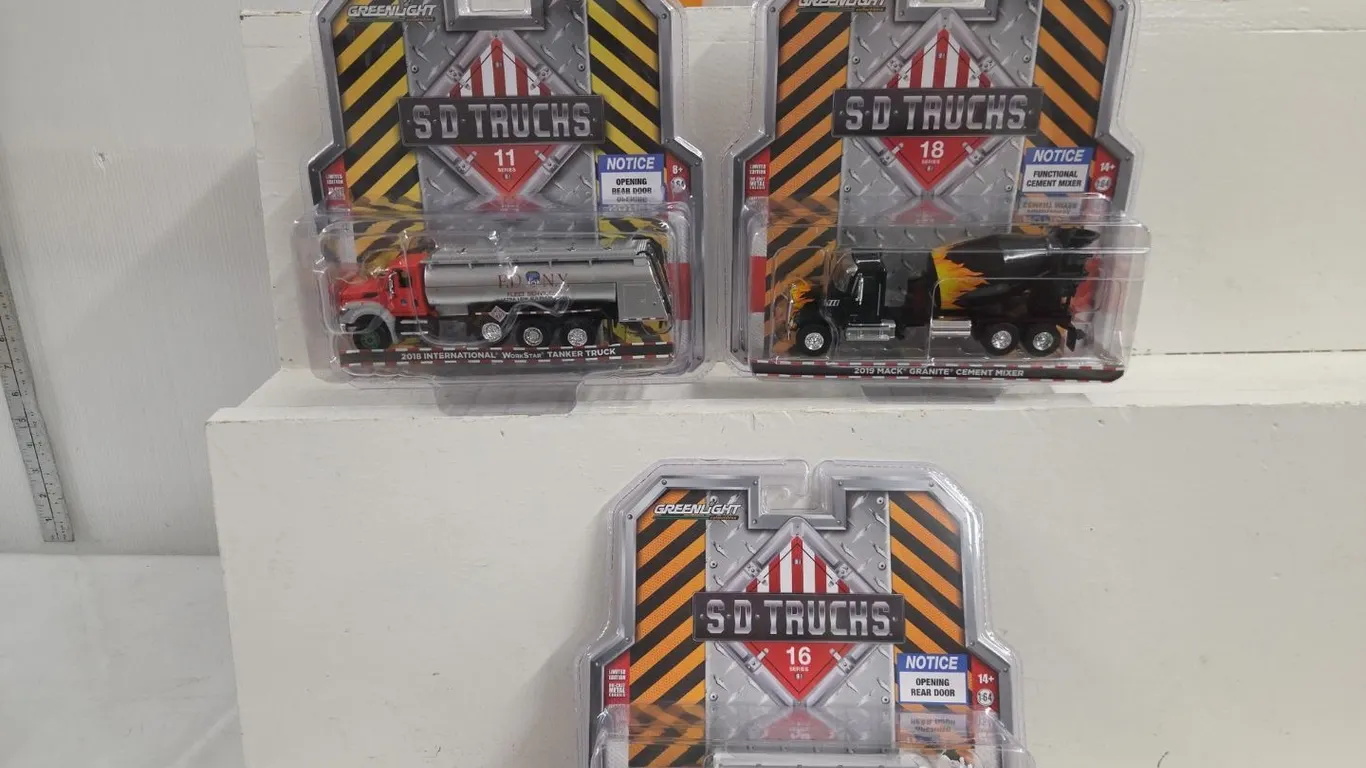 3 - 1/64 Greenlight Trucks; 2020 Mack LR Rear Loader Truck, 2019 Mack Granite Cement Mixer & 2018 International Workstar Tanker - NIB