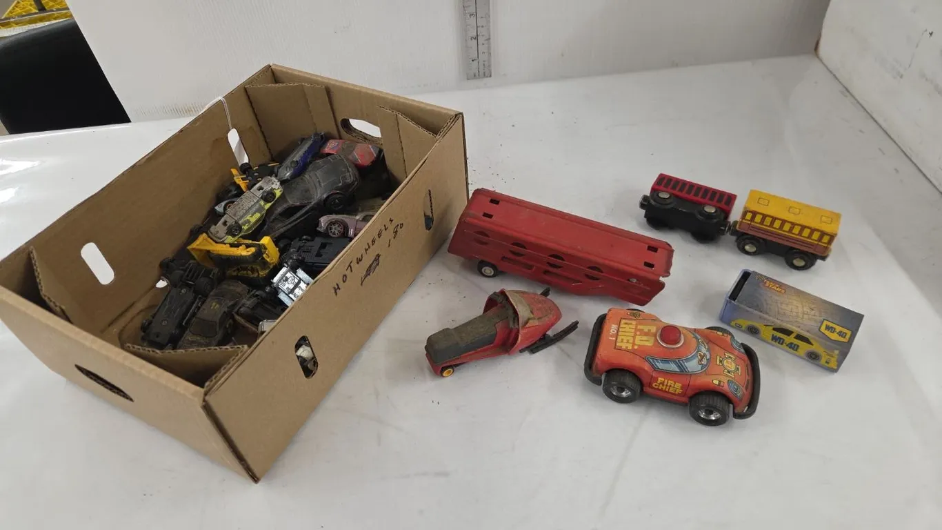 Variety of 1/64 Cars & Trucks, Tin Toys, Snowmobile, etc. - well-loved