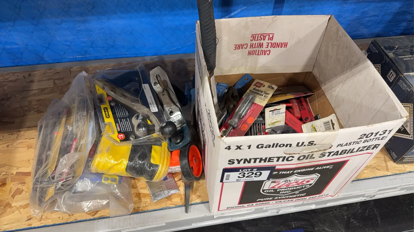 Box of Asst. Hand Tools including Stanley, Hand Planer, Needle Nose Pliers, Measuring Wheel, Allen K