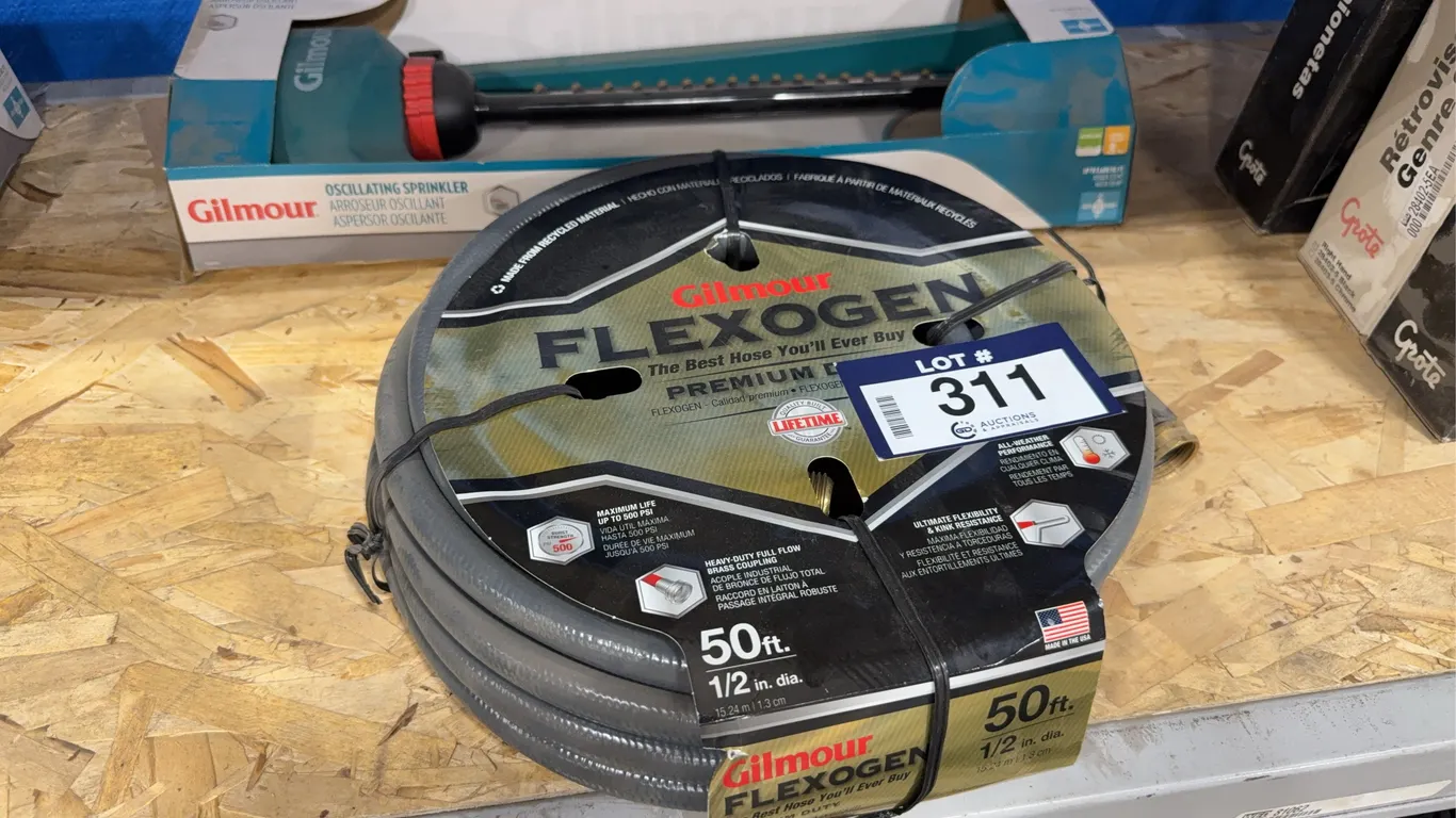 Lot of (1) Gilmour Flexogen 50’ X 1/2” Garden Hose and (1) Gilmour Oscillating Sprinkler