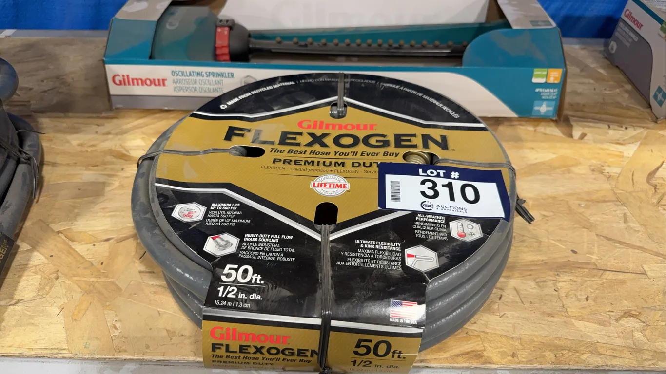 Lot of (1) Gilmour Flexogen 50’ X 1/2” Garden Hose and (1) Gilmour Oscillating Sprinkler