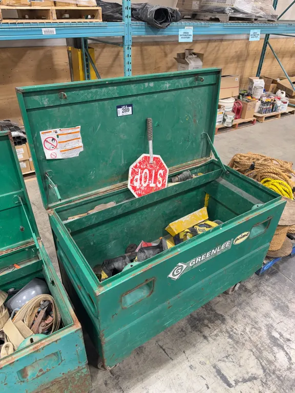 Greenlee 24” X 48” X 24” Storage Box w/ Wheels and Contents including Drywall, Tape, Harness, Sawbla