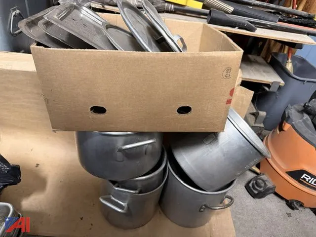 Assorted Stainless Pots, Pans and Industrial Silverware