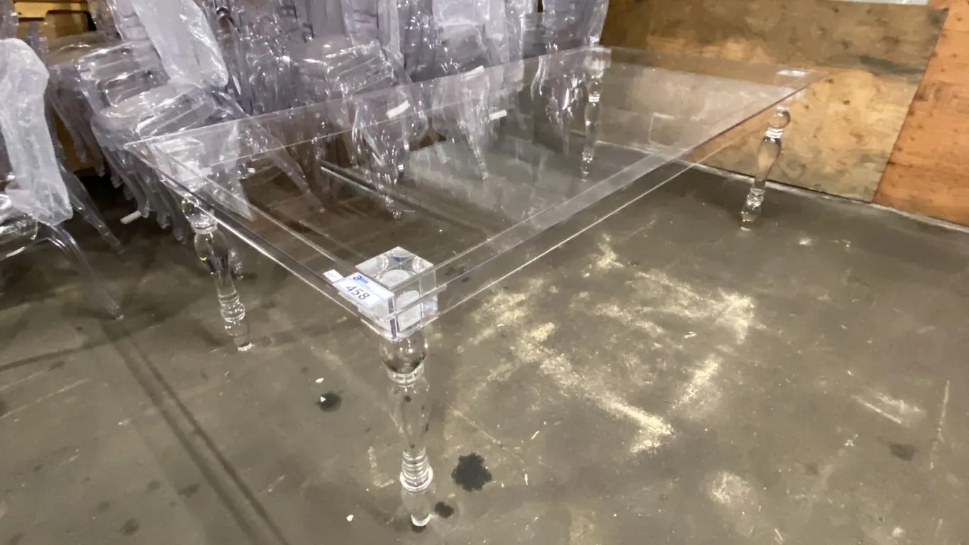 CLEAR ACRYLIC RECTANGULAR EVENT "GHOST" TABLE, APPROX DIMENSIONS 7'11"L X 4'7.5W" X 2'6" H