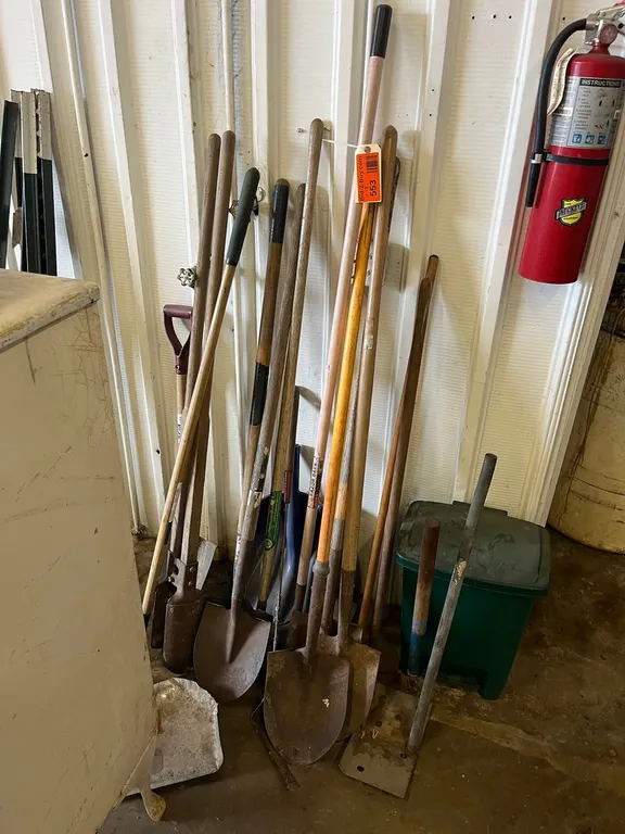 (6) Shovels (2) Rakes, Post Hold Digger, and Dustpan