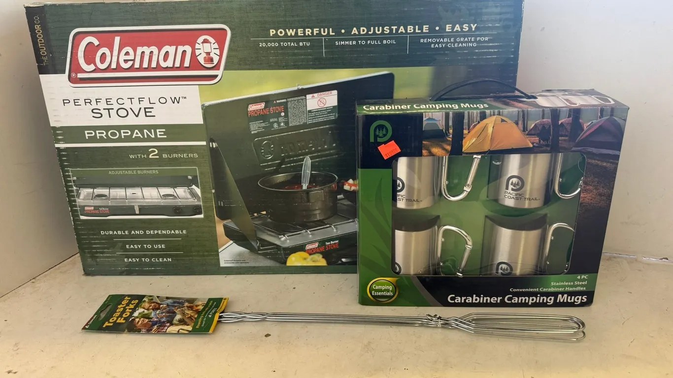 Coleman Perfect Stove, Camping Mugs, and Toaster Fork