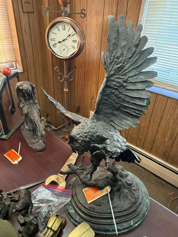 Bronze Owl Sculpture on Green Marble Base By Jules Moigniez