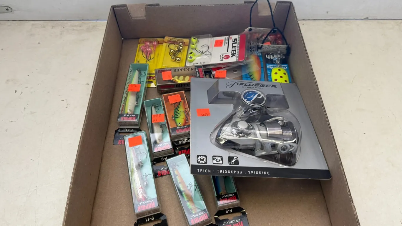 Pflueger Trion Reel, (7) Rapala Luers, Jigs, and Hooks