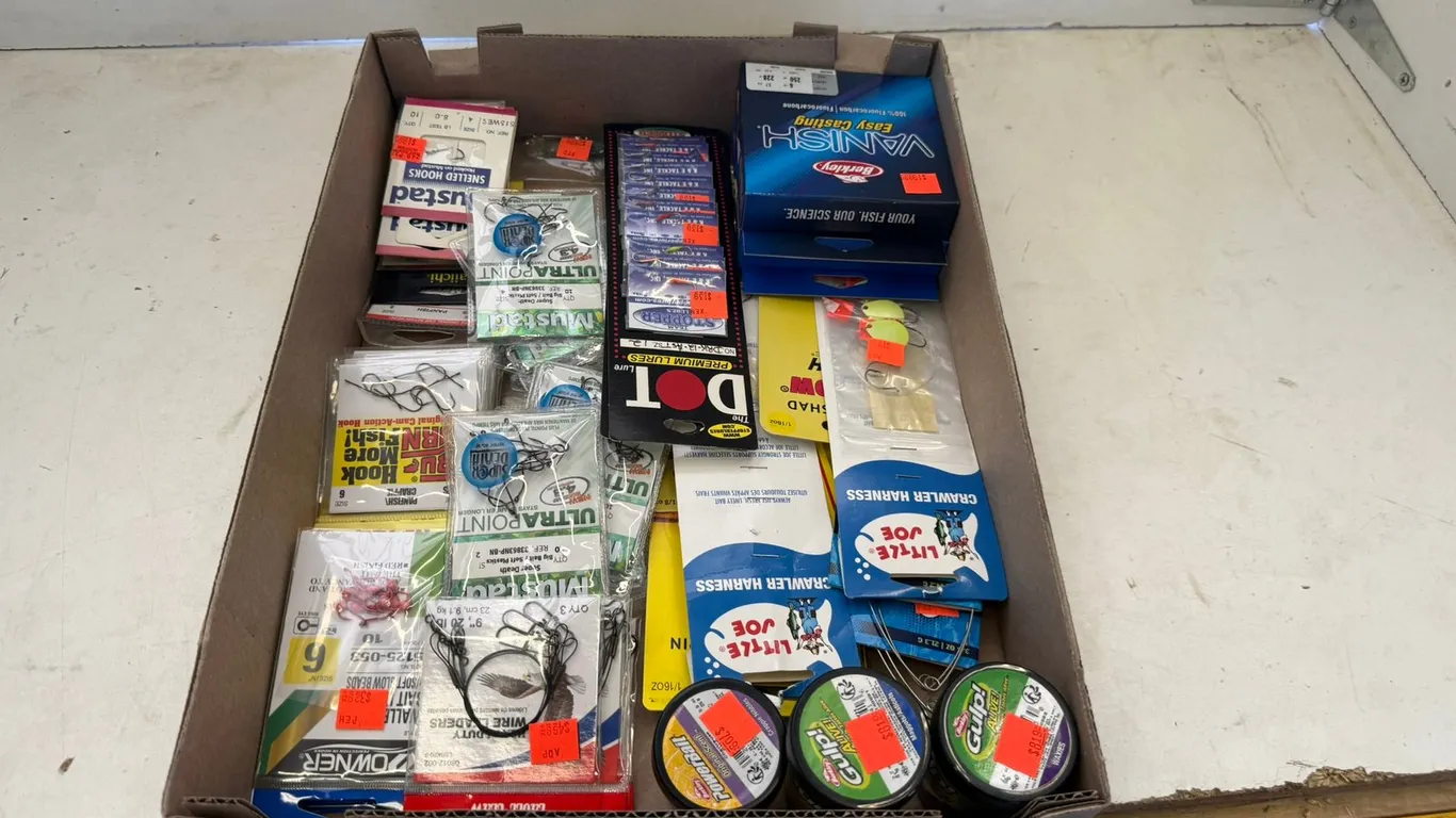 Assorted Fishing Hooks, Tackle, and Bait