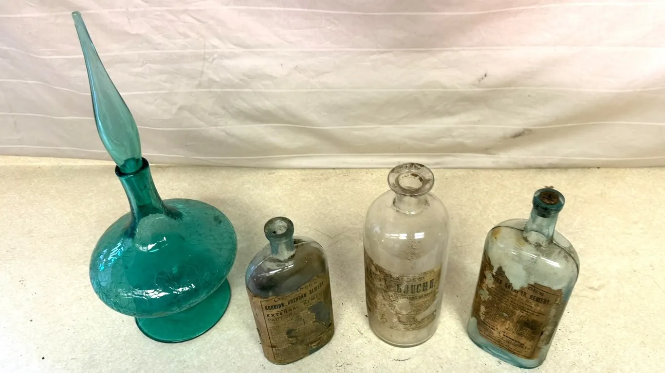 (3) Vintage Bottles and Ornate Blue Decanter