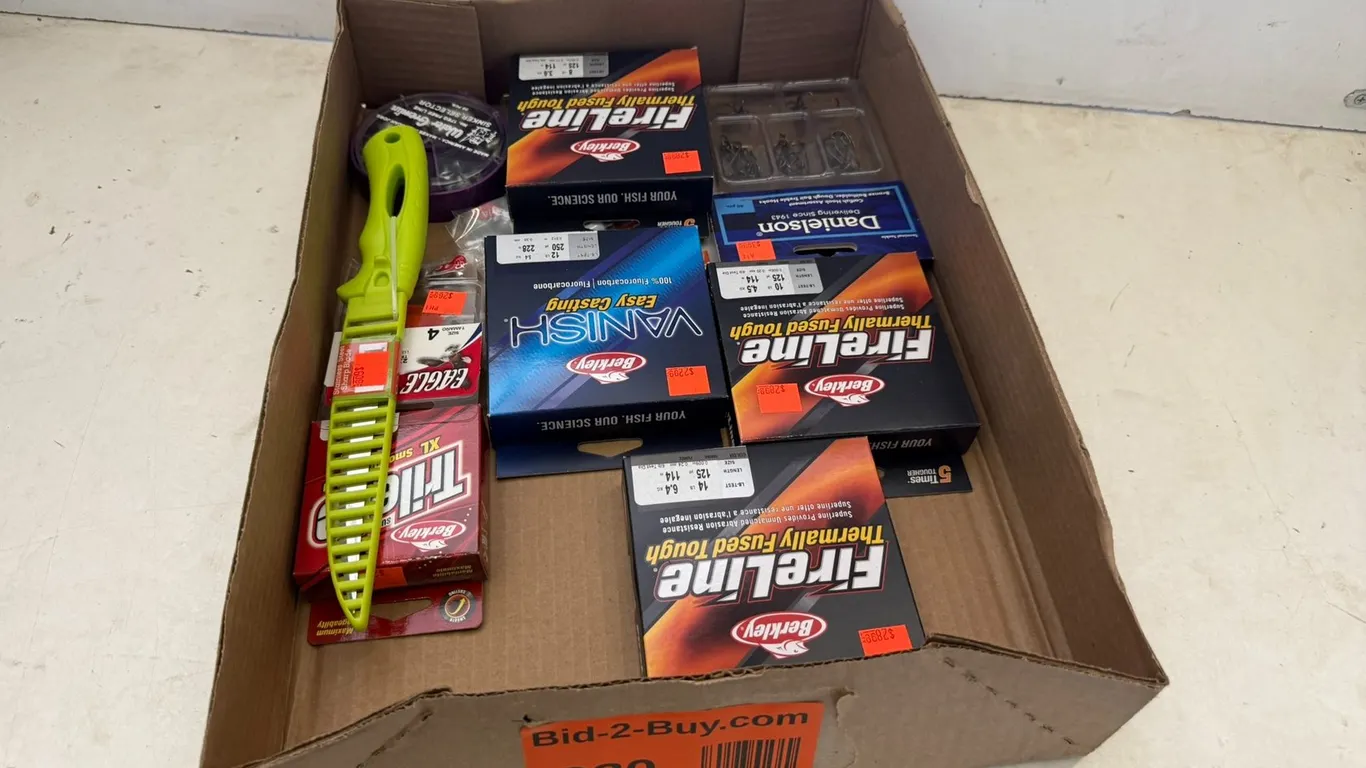 Assorted Fishing Lines, Hooks, and Fillet Knife
