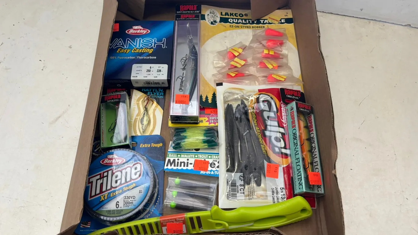 Assorted Fishing Lures, Lines, and Fillet Knife