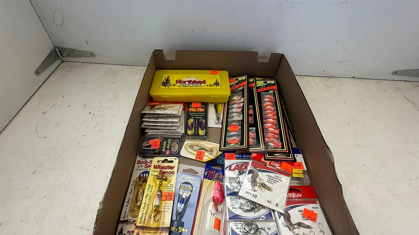 Assorted Fishing Lures, Line, and Bait