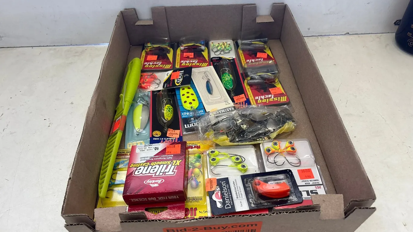Assorted Fishing Lures, Sinkers, Lines, and Fillet Knife