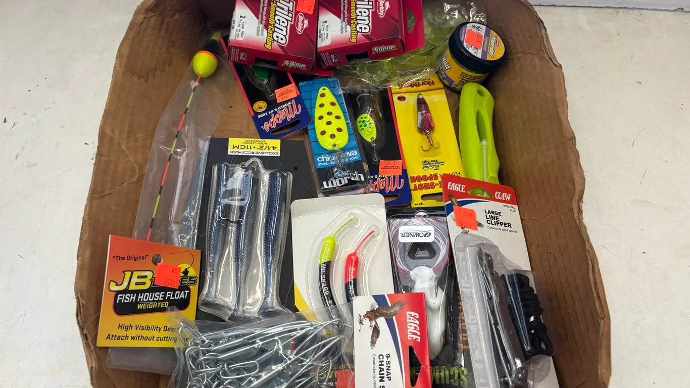 Assorted Fishing Lures, Bait, and Fillet Knife