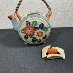 Vintage Mexico Pottery Floral Teapot – 1920s – Crackle Glaze – Broken Lid