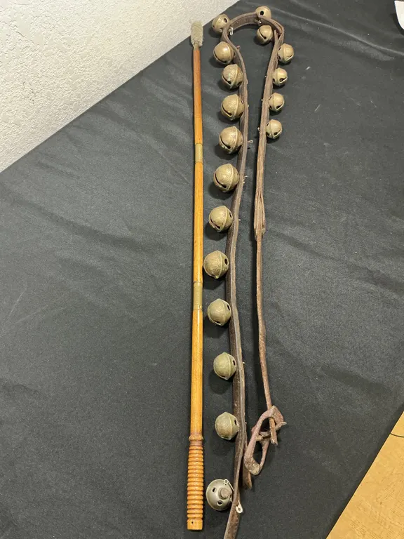 Antique Petal Pattern Brass Sleigh Bells on Leather Strap & Horse Buggy Whip